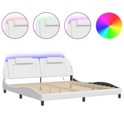 vidaXL Bed Frame with LED Lights White 76"x79.9" King Faux Leather, Goodies N Stuff
