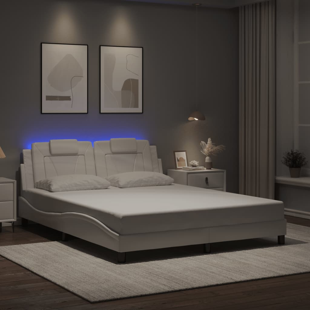 vidaXL Bed Frame with LED Lights White 59.8"x79.9" Queen Faux Leather, Goodies N Stuff