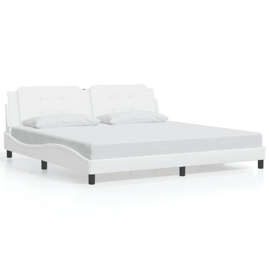 vidaXL Bed Frame with LED Light White 76"x79.9" King Faux Leather, Goodies N Stuff