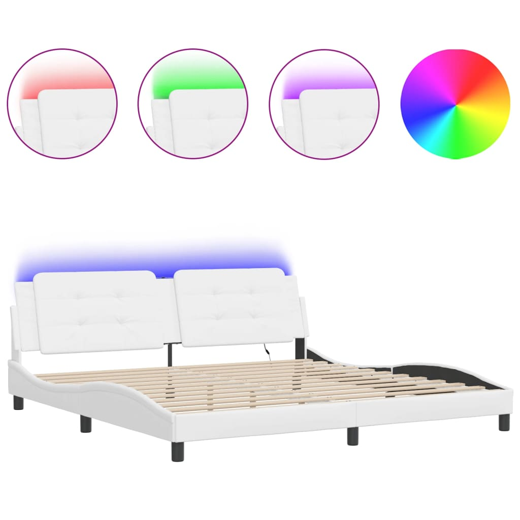 vidaXL Bed Frame with LED Light White 76"x79.9" King Faux Leather, Goodies N Stuff
