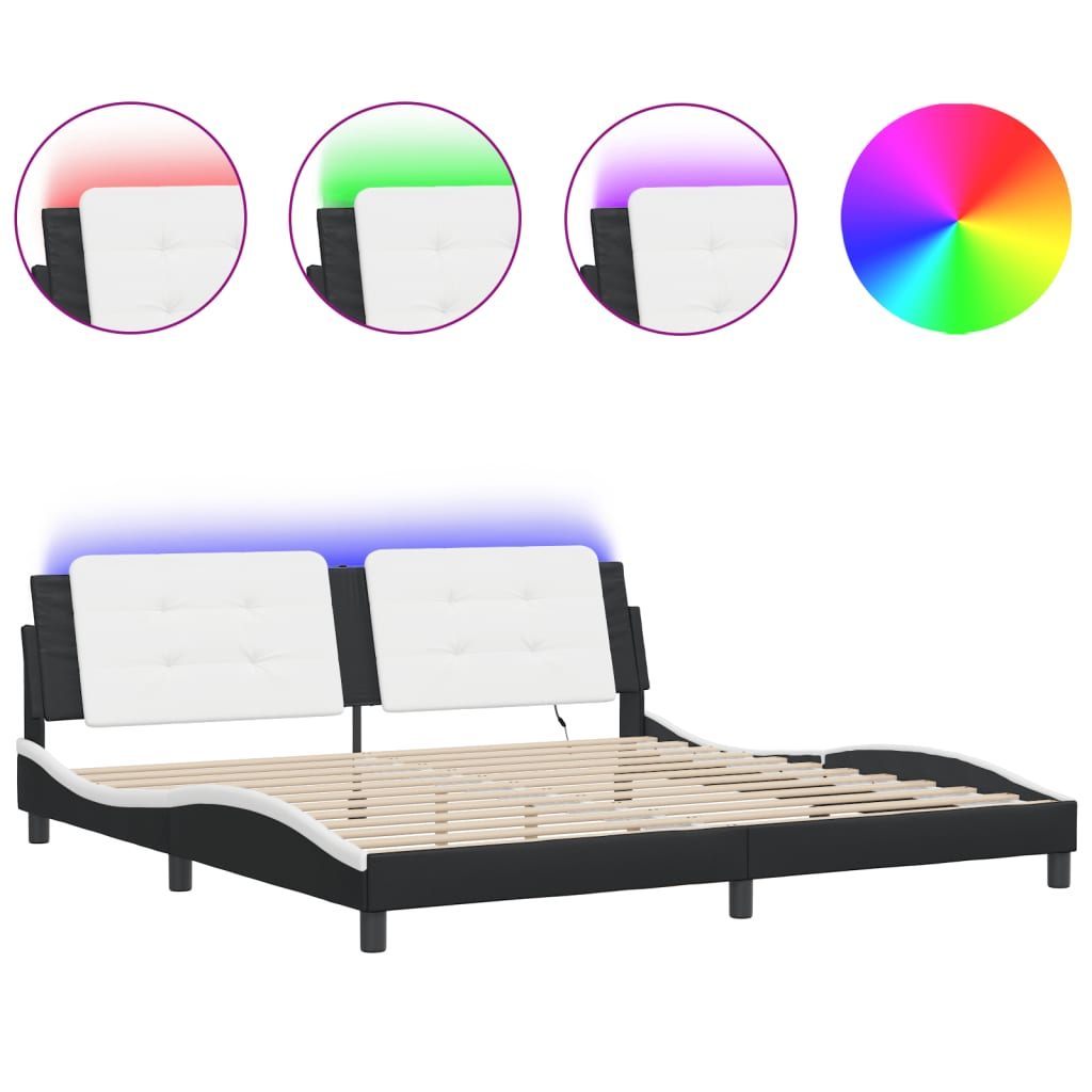 vidaXL Bed Frame with LED Light Black and White 76"x79.9" King Faux Leather, Goodies N Stuff