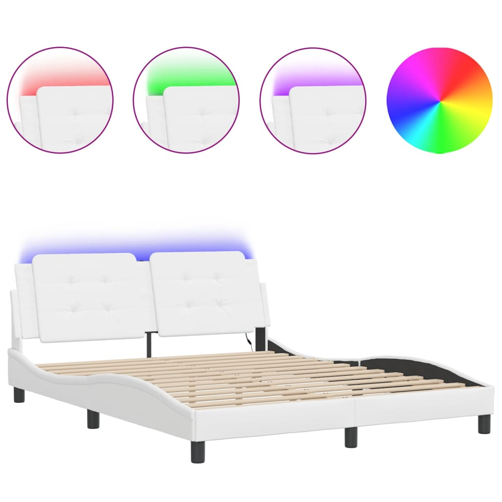 vidaXL Bed Frame with LED Light White 59.8"x79.9" Queen Faux Leather, Goodies N Stuff
