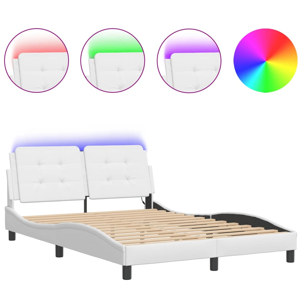 vidaXL Bed Frame with LED Light White 53.9"x74.8" Full Faux Leather, Goodies N Stuff