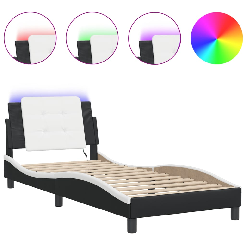 vidaXL Bed Frame with LED Light Black and White 39.4"x74.8" Twin Faux Leather, Goodies N Stuff