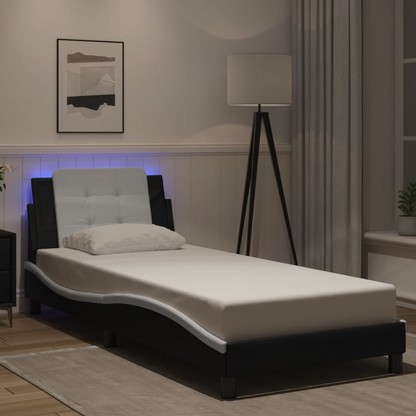 vidaXL Bed Frame with LED Light Black and White 39.4"x74.8" Twin Faux Leather, Goodies N Stuff