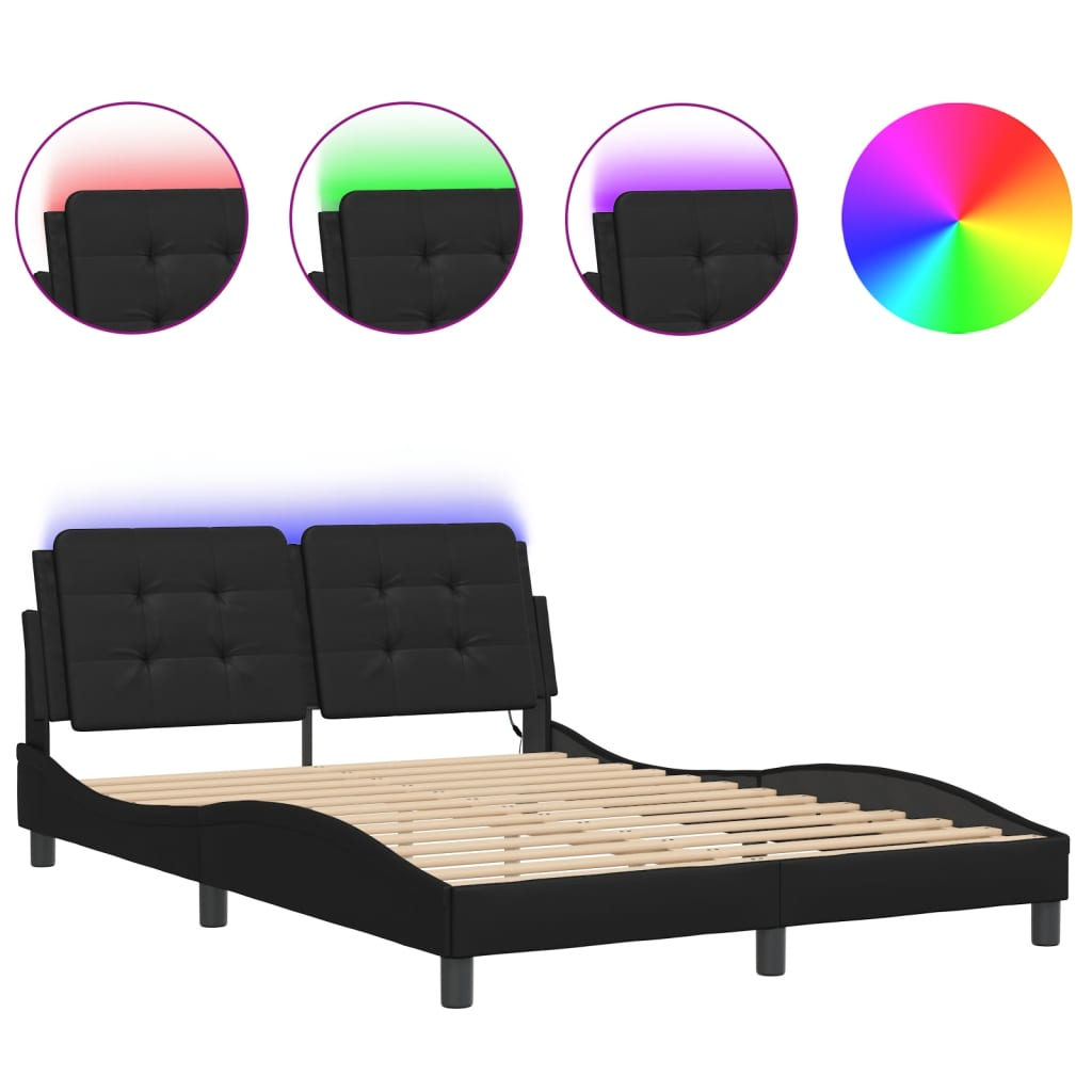 vidaXL Bed Frame with LED Light Black 53.9"x74.8" Full Faux Leather, Goodies N Stuff