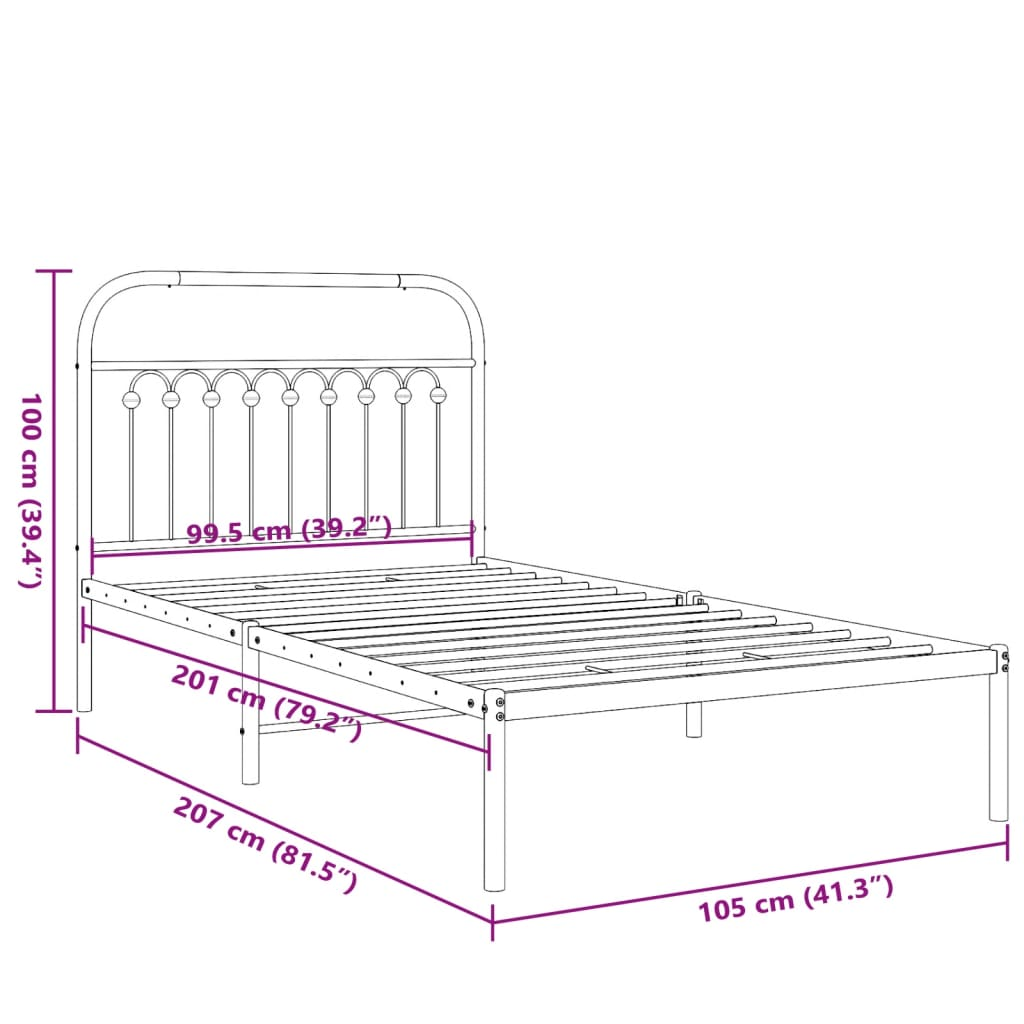 vidaXL Metal Bed Frame with Headboard White 39.4"x78.7", Goodies N Stuff