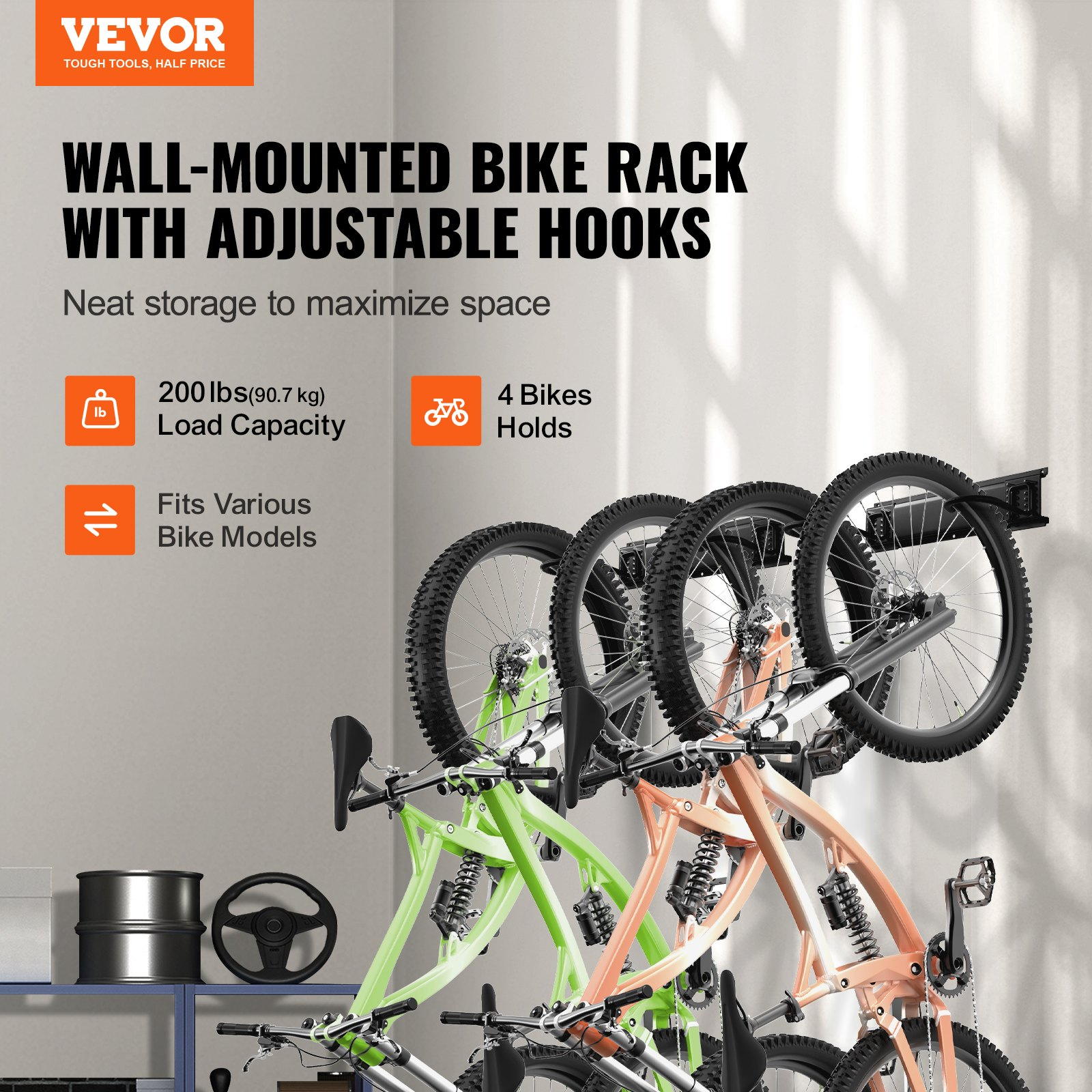 VEVOR Bike Storage Rack, 4 Bike Racks and 2 Helmets Hooks, Wall Mount Bike Storage Hanger, Home & Garage Organizer, Customizable for Various Bike Sizes, Adjustable Holder, Holds Up to 200 lbs, 36-inch, Goodies N Stuff