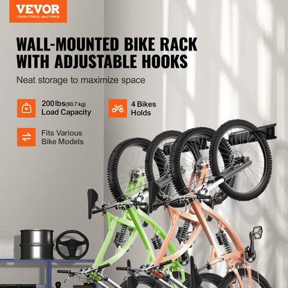 VEVOR Bike Storage Rack, 4 Bike Racks and 2 Helmets Hooks, Wall Mount Bike Storage Hanger, Home & Garage Organizer, Customizable for Various Bike Sizes, Adjustable Holder, Holds Up to 200 lbs, 36-inch, Goodies N Stuff