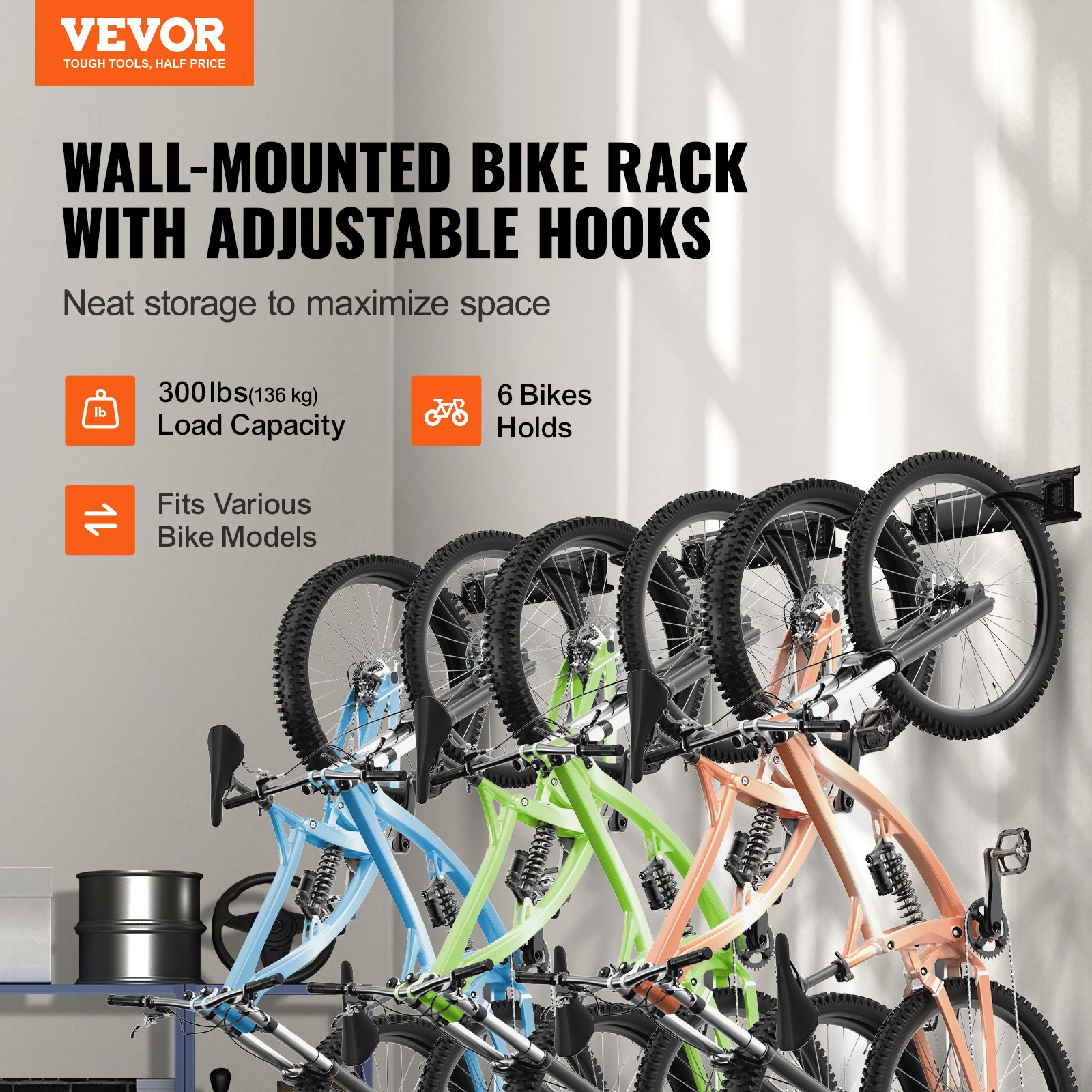 VEVOR Bike Storage Rack, 6 Bike Racks and 6 Helmets Hooks, Wall Mount Bike Storage Hanger, Home & Garage Organizer, Customizable for Various Bike Sizes, Adjustable Holder, Holds Up to 300 lbs, 68-inch, Goodies N Stuff