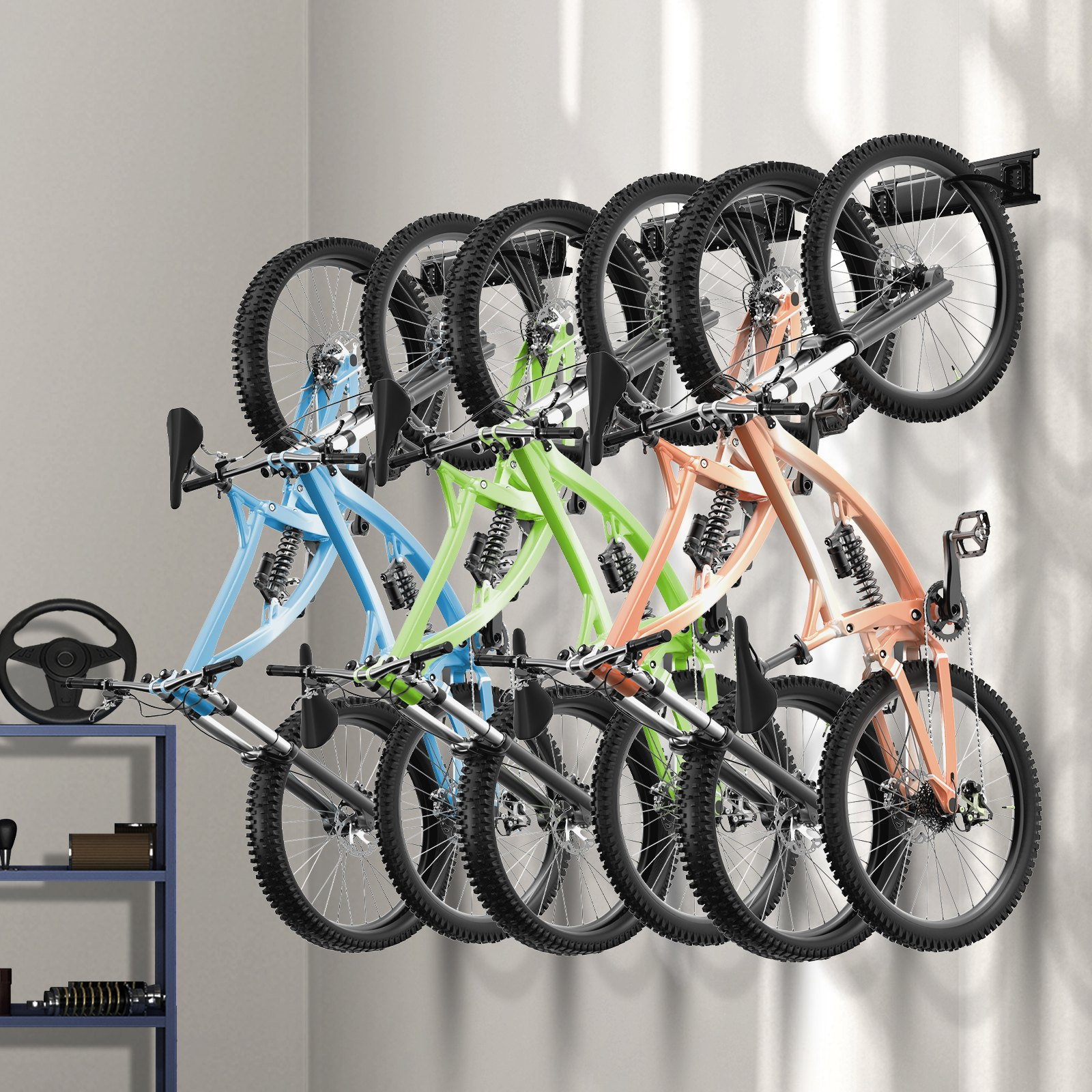 VEVOR Bike Storage Rack, 6 Bike Racks and 3 Helmets Hooks, Wall Mount Bike Storage Hanger, Home & Garage Organizer, Customizable for Various Bike Sizes, Adjustable Holder, Holds Up to 300 lbs, 51-inch, Goodies N Stuff