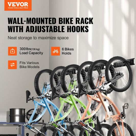 VEVOR Bike Storage Rack, 6 Bike Racks and 5 Helmets Hooks, Wall Mount Bike Storage Hanger, Home & Garage Organizer, Customizable for Various Bike Sizes, Adjustable Holder, Holds Up to 300 lbs, 64-inch, Goodies N Stuff