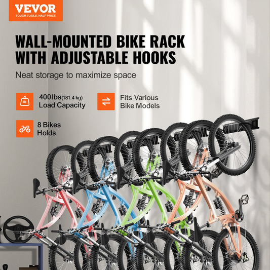 VEVOR Bike Storage Rack, 8 Bike Racks and 7 Helmets Hooks, Wall Mount Bike Storage Hanger, Home & Garage Organizer, Customizable for Various Bike Sizes, Adjustable Holder, Holds Up to 400 lbs, 72-inch, Goodies N Stuff