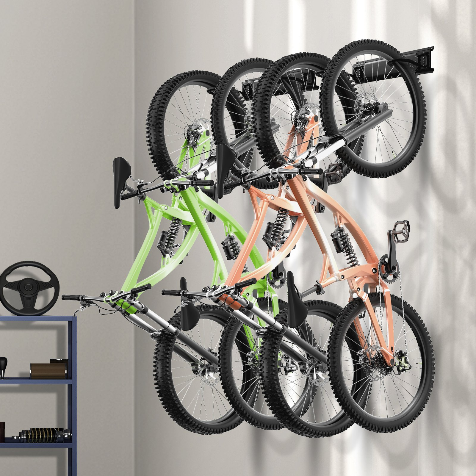 VEVOR Bike Storage Rack, 4 Bike Racks and 2 Helmets Hooks, Wall Mount Bike Storage Hanger, Home & Garage Organizer, Customizable for Various Bike Sizes, Adjustable Holder, Holds Up to 200 lbs, 32-inch, Goodies N Stuff