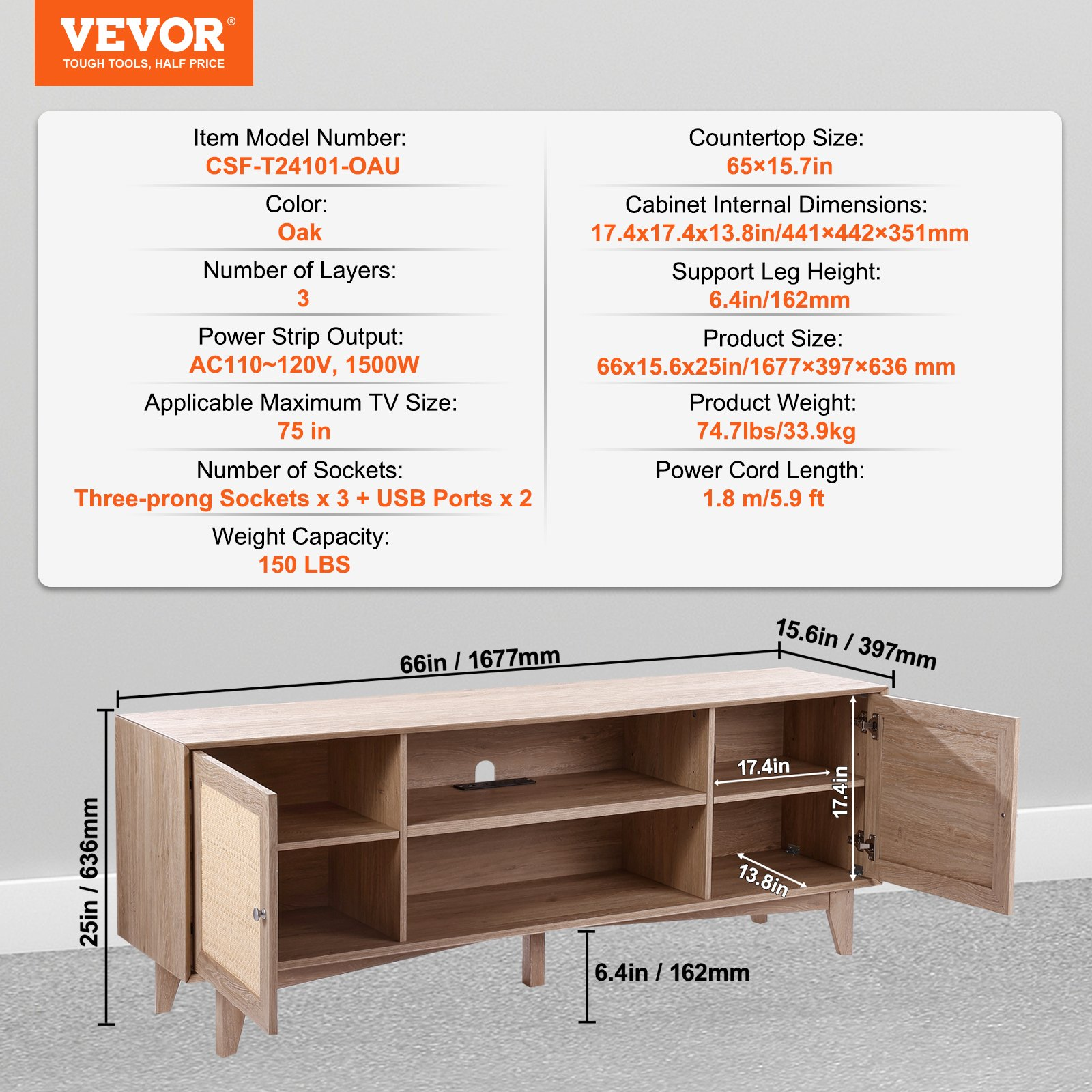 VEVOR Rattan TV Stand, Mid Century Modern TV Stand for 75 inch TV, Boho Rattan TV Cabinet with Build-in Socket and USB Ports, Adjustable Shelfs for Living Room, Media Room, Oak, Goodies N Stuff