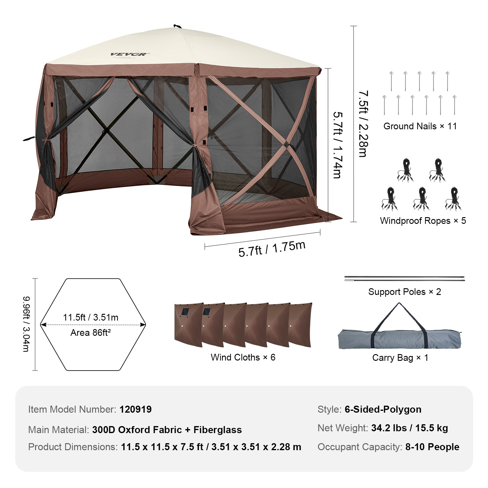 VEVOR Pop Up Gazebo Tent, Pop-Up Screen Tent 6 Sided Canopy Sun Shelter with 6 Removable Privacy Wind Cloths & Mesh Windows, 11.5x11.5FT Quick Set Screen Tent with Mosquito Netting, Brown, Goodies N Stuff