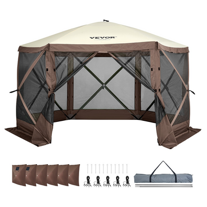 VEVOR Pop Up Gazebo Tent, Pop-Up Screen Tent 6 Sided Canopy Sun Shelter with 6 Removable Privacy Wind Cloths & Mesh Windows, 11.5x11.5FT Quick Set Screen Tent with Mosquito Netting, Brown, Goodies N Stuff