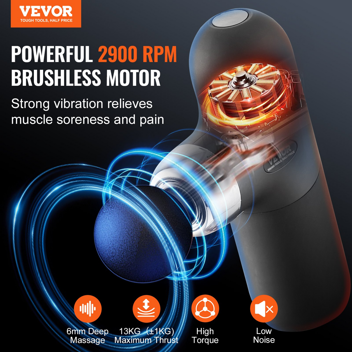 VEVOR Massage Gun Deep Tissue, Percussion Muscle Massager for Athletes - with 4 Speed Levels & 4 Massage Heads, 7.4V 2500mAh Batteries, Handheld Mini Massage Gun for Pain Relief, Muscle Relaxation