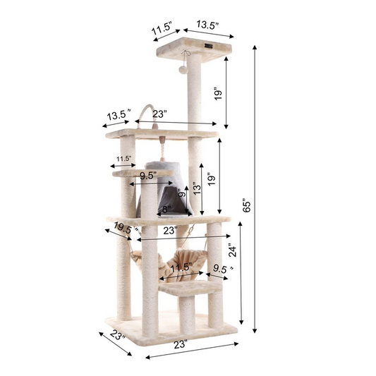 Armarkat 65" Real Wood Cat Tree With Sisal Rope, Hammock, soft-side playhouse A6501, Goodies N Stuff