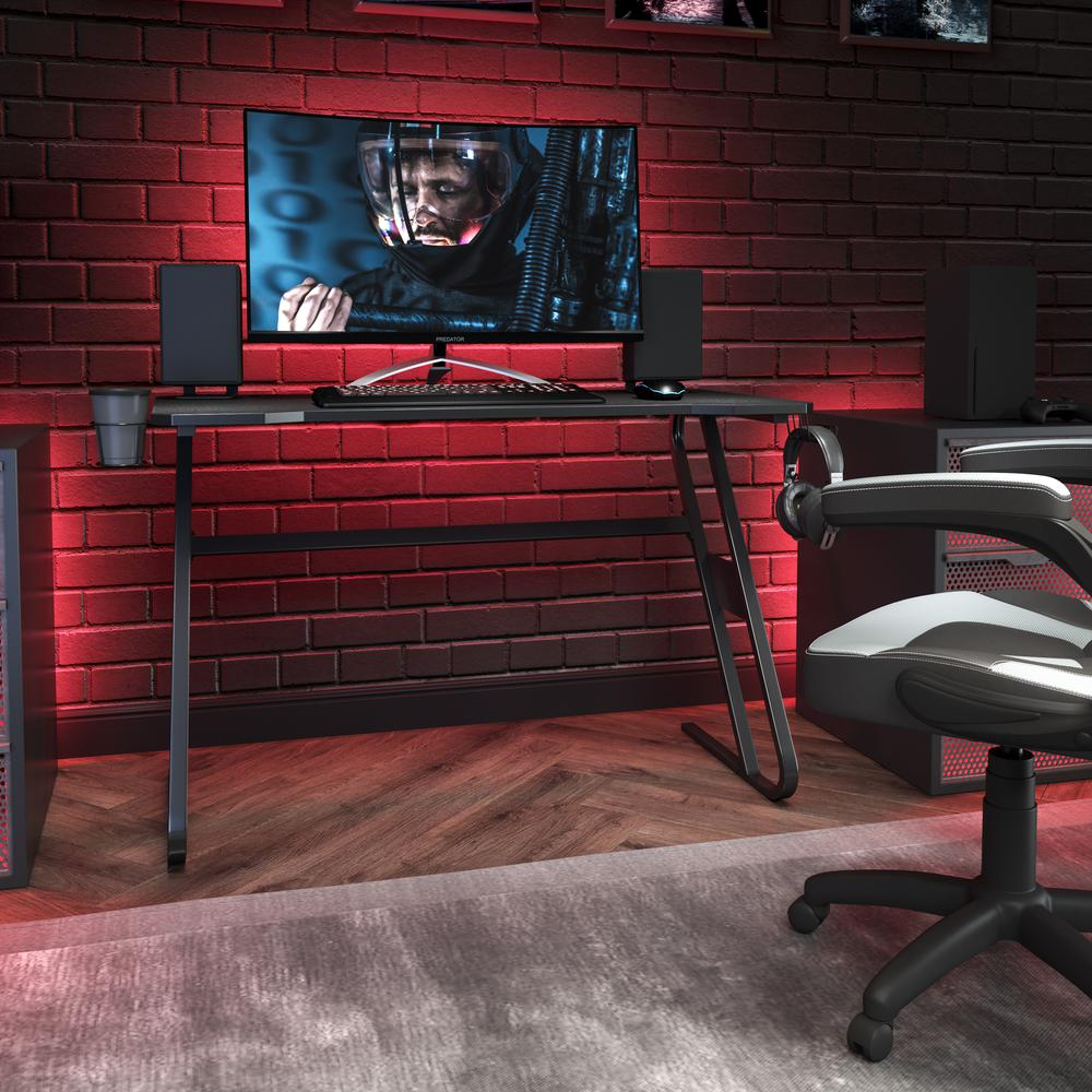 Black Gaming Ergonomic Desk with Cup Holder and Headphone Hook - Enhance Your Gaming Setup, Goodies N Stuff
