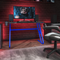 Blue Gaming Ergonomic Desk with Cup Holder and Headphone Hook, Goodies N Stuff