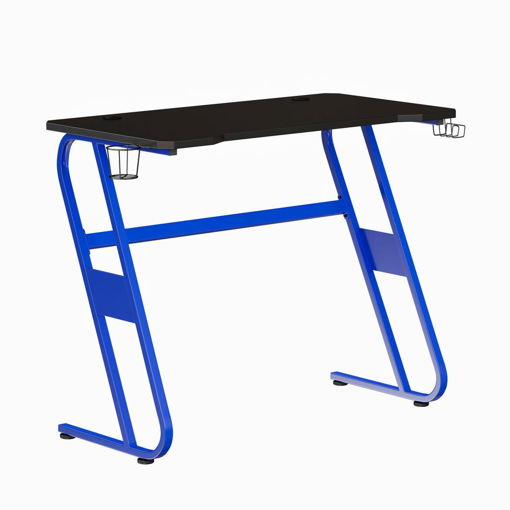 Blue Gaming Ergonomic Desk with Cup Holder and Headphone Hook, Goodies N Stuff