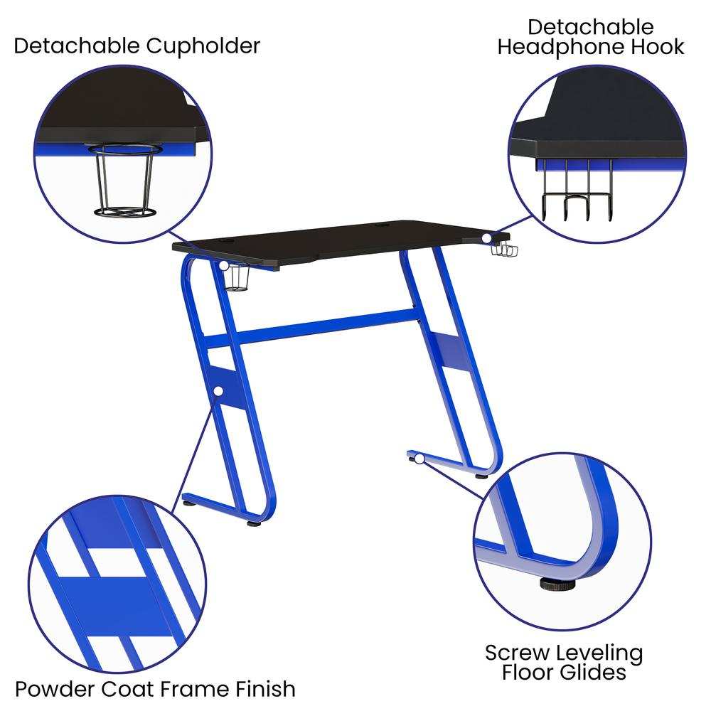 Blue Gaming Ergonomic Desk with Cup Holder and Headphone Hook, Goodies N Stuff