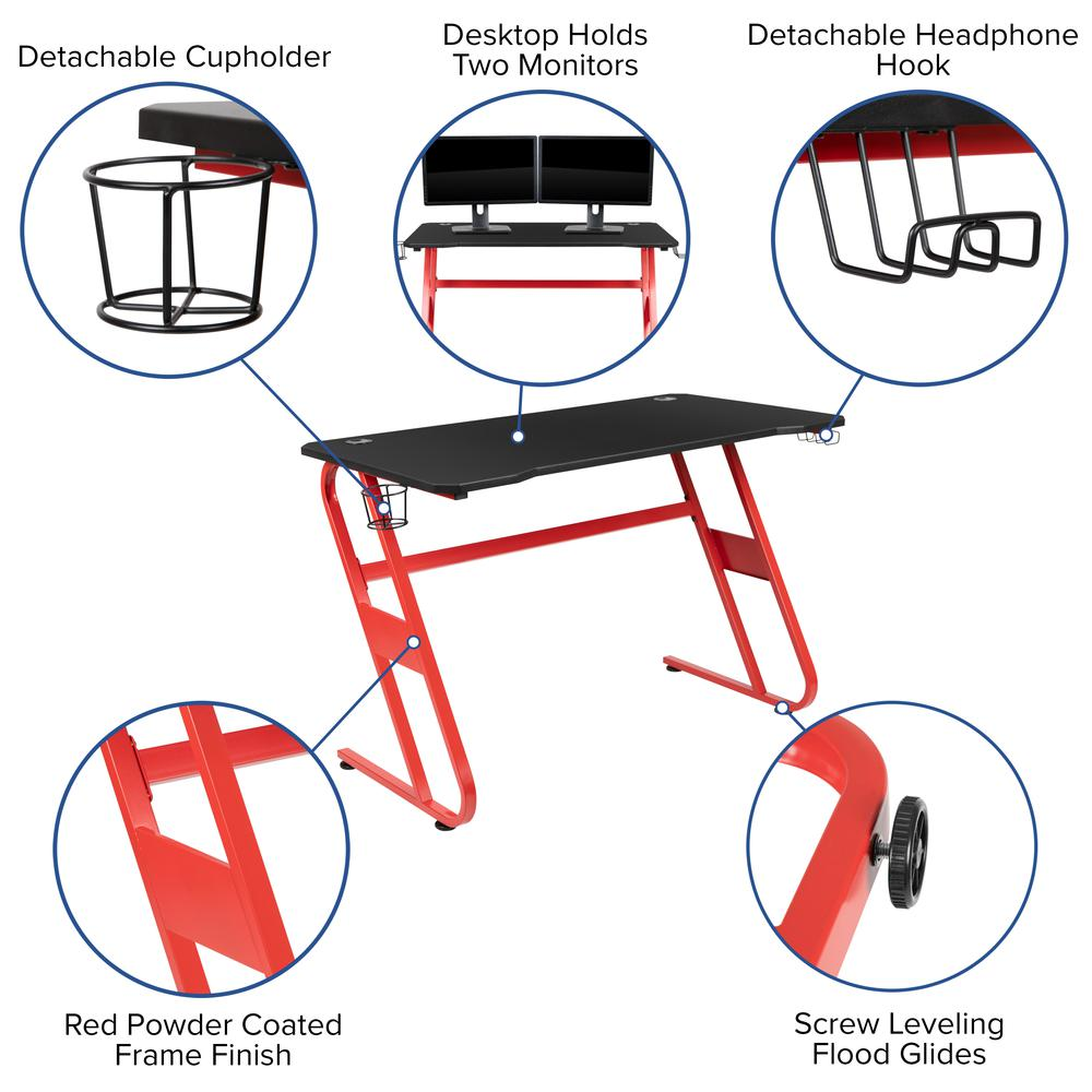 Red Gaming Ergonomic Desk with Cup Holder and Headphone Hook, Uncategorized, Goodies N Stuff