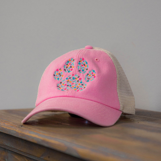 Floral Paw Print Hat - Hand Embroidered Unisex Cotton Hat, Goodies N Stuff