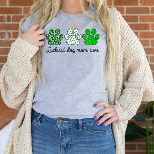 Luckiest Dog Mom Ever - Green St. Patrick's Day Shirt with Unique Paw Designs, Goodies N Stuff