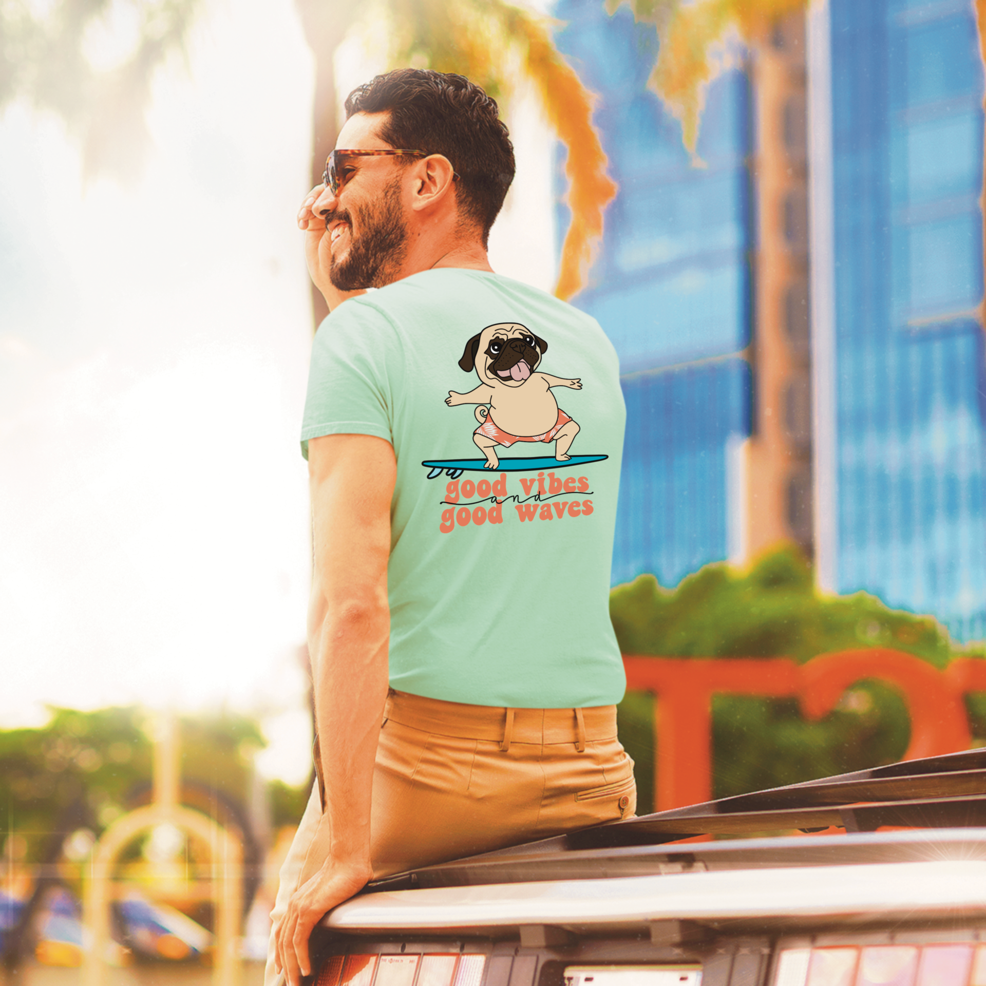 Good Waves Surfing Pug Shirt - Cute Summer Reminder, Goodies N Stuff