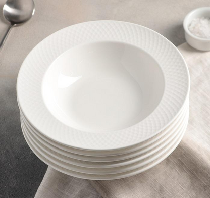 White Porcelain Deep Plate With Embossed Wide Rim 9" inch | Set Of 6 In Gift Box, Goodies N Stuff