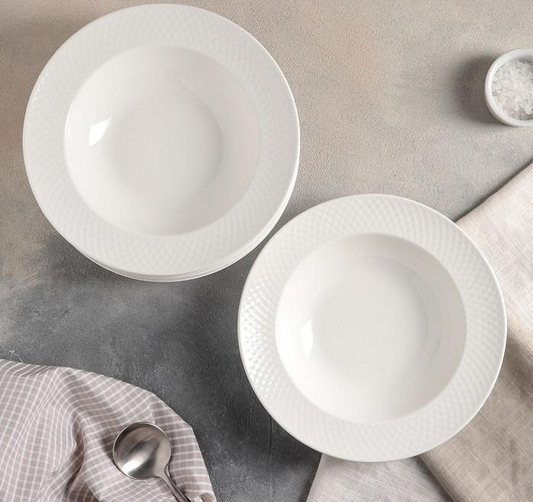 White Porcelain Deep Plate With Embossed Wide Rim 9" inch | For Soup, Pasta, Salad, Goodies N Stuff