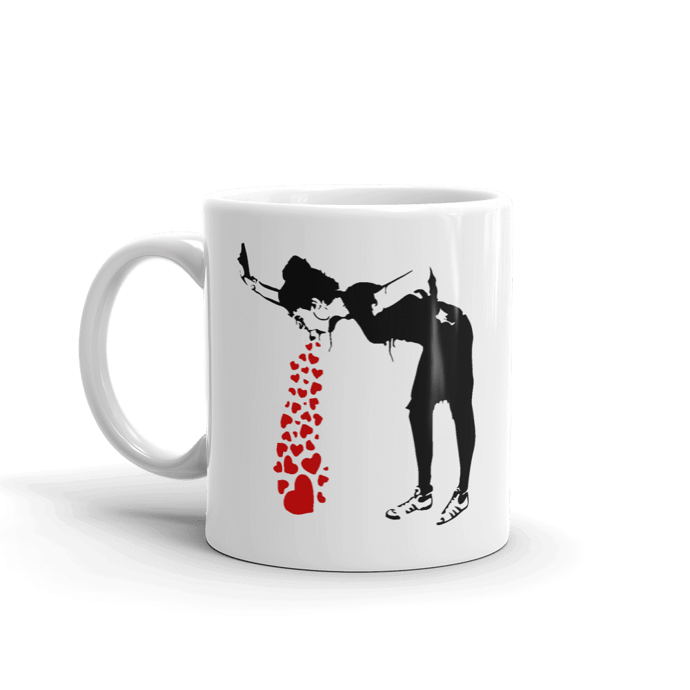 Banksy Lovesick Girl Throwing Up Hearts Artwork Mug, Goodies N Stuff