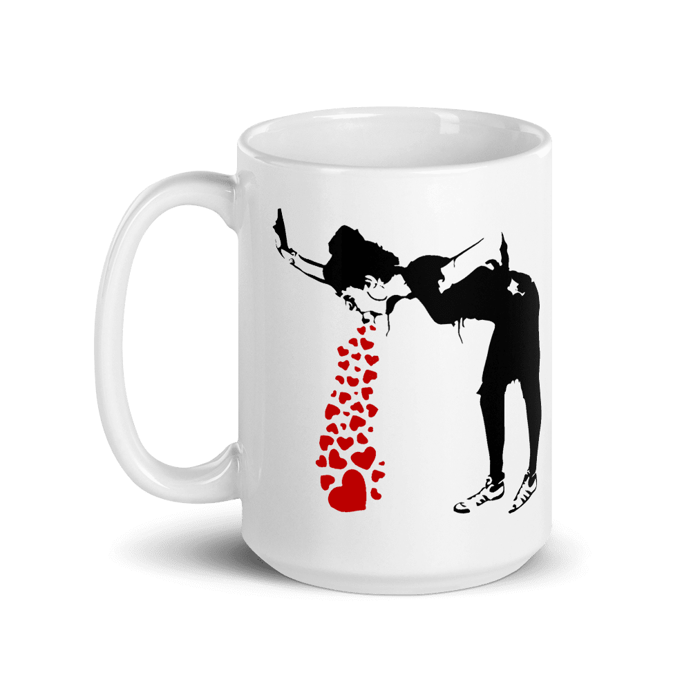 Banksy Lovesick Girl Throwing Up Hearts Artwork Mug, Goodies N Stuff