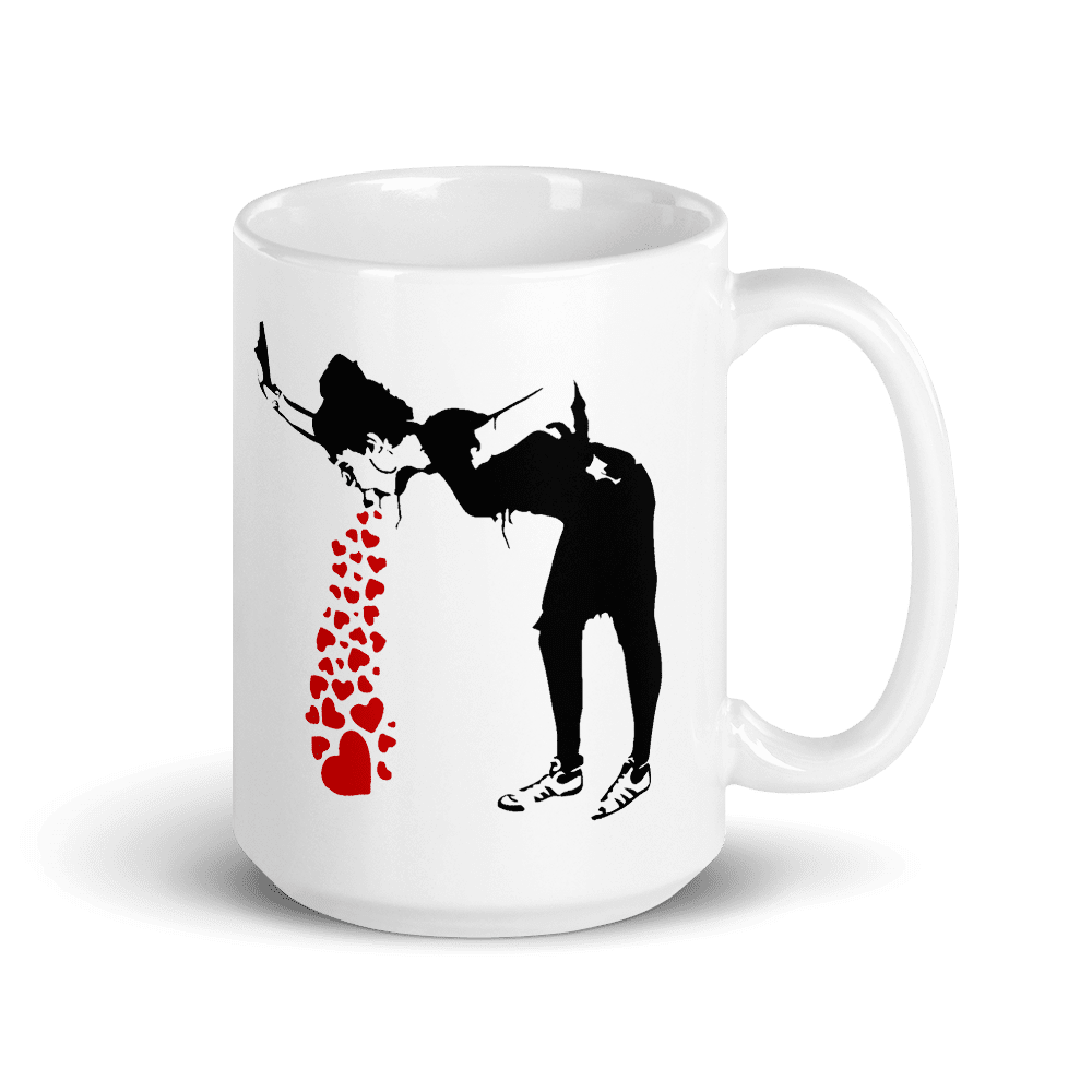 Banksy Lovesick Girl Throwing Up Hearts Artwork Mug, Goodies N Stuff