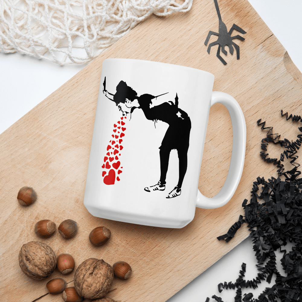 Banksy Lovesick Girl Throwing Up Hearts Artwork Mug, Goodies N Stuff