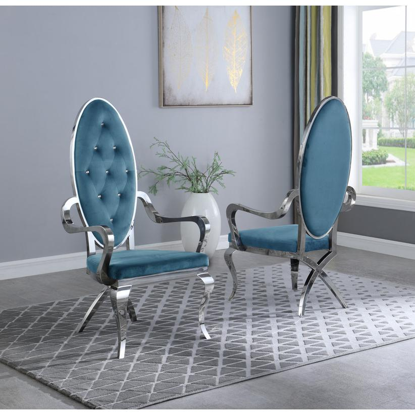 Classic 9pc Dining Set w/Uph Tufted Side/Arm Chair, Glass Table w/ Silver Spiral Base, Teal, Goodies N Stuff