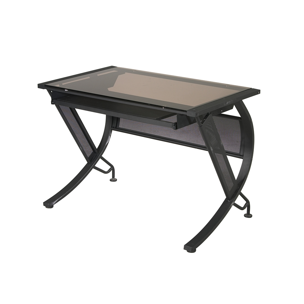 Horizon Computer Desk - Bronze Tempered Glass Top, Keyboard Tray, Black Frame, Goodies N Stuff