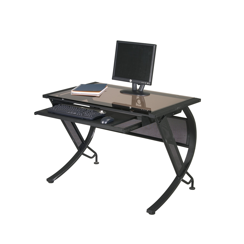 Horizon Computer Desk - Bronze Tempered Glass Top, Keyboard Tray, Black Frame, Goodies N Stuff